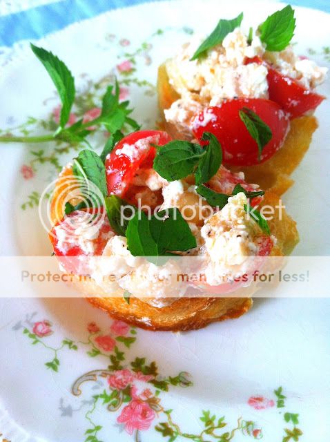 Tomato Feta Almond Mint Crostini